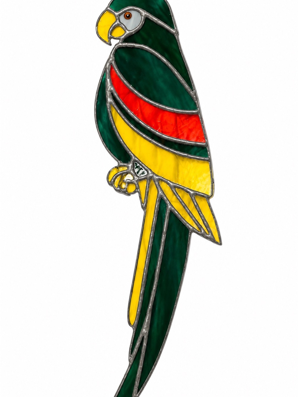 Vintage Handcrafted 16 inch long Green & Yellow Parrot Stained Glass Suncatcher